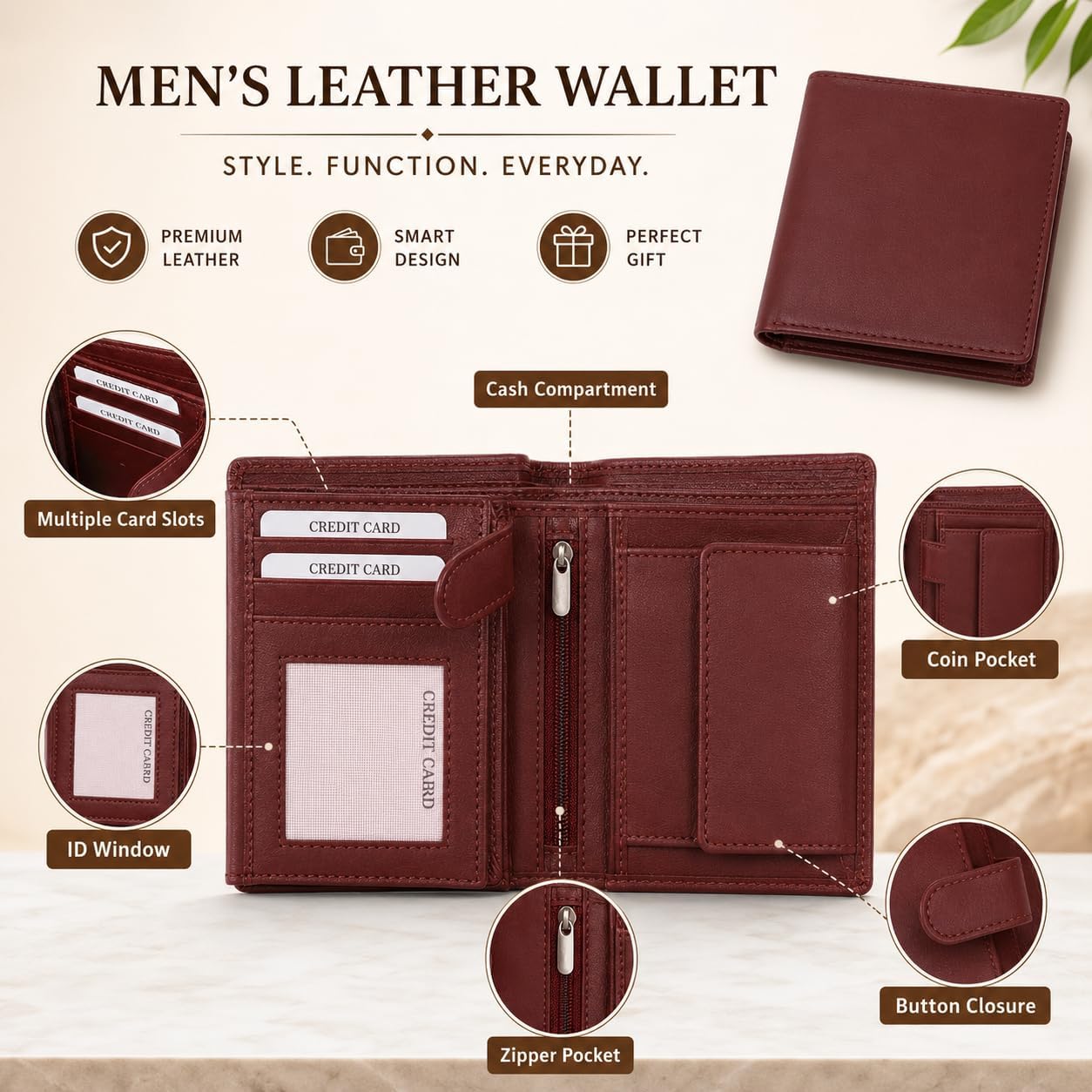 SEAMLESS Dark Brown Slim Bifold Wallet for Men, Leather Finish Wallet with Card Pull Strap, Cash Pocket & Card Slots, Minimalist Pocket Wallet for Daily Use, Office & Travel image 2