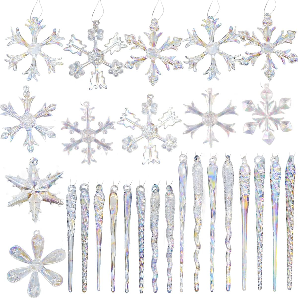 JOYIN 28 Pcs Glass Icicle Ornaments, Crystal Christmas Tree Ornament Snowflake Hanging Ornament for Xmas Tree Holiday Decoration