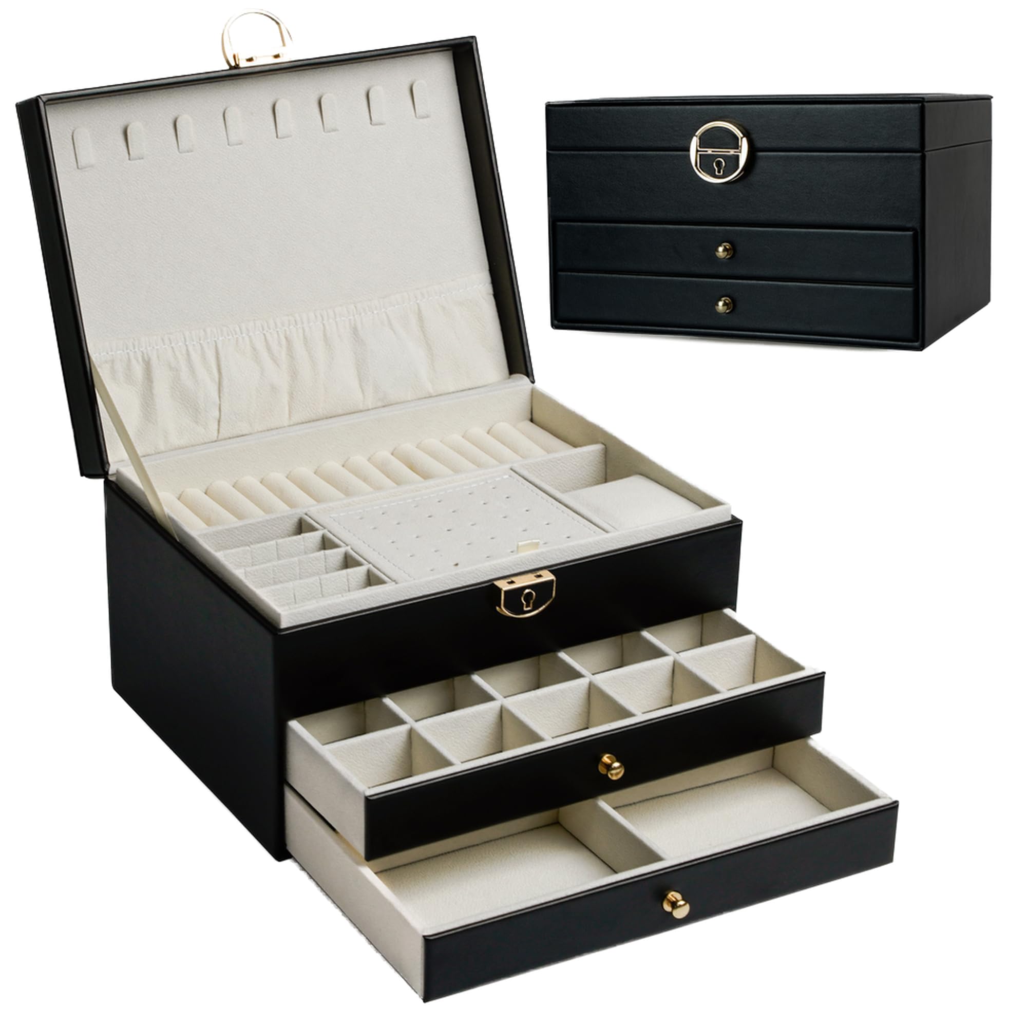 ADEL DREAM Schmuckkasten dreistöckige Schmuckbox Schmuckschatulle mit linearem Design Schmuckaufbewahrung Geburtstags- und Feiertagsgeschenk für Damen Tochter und Freunde schwarz