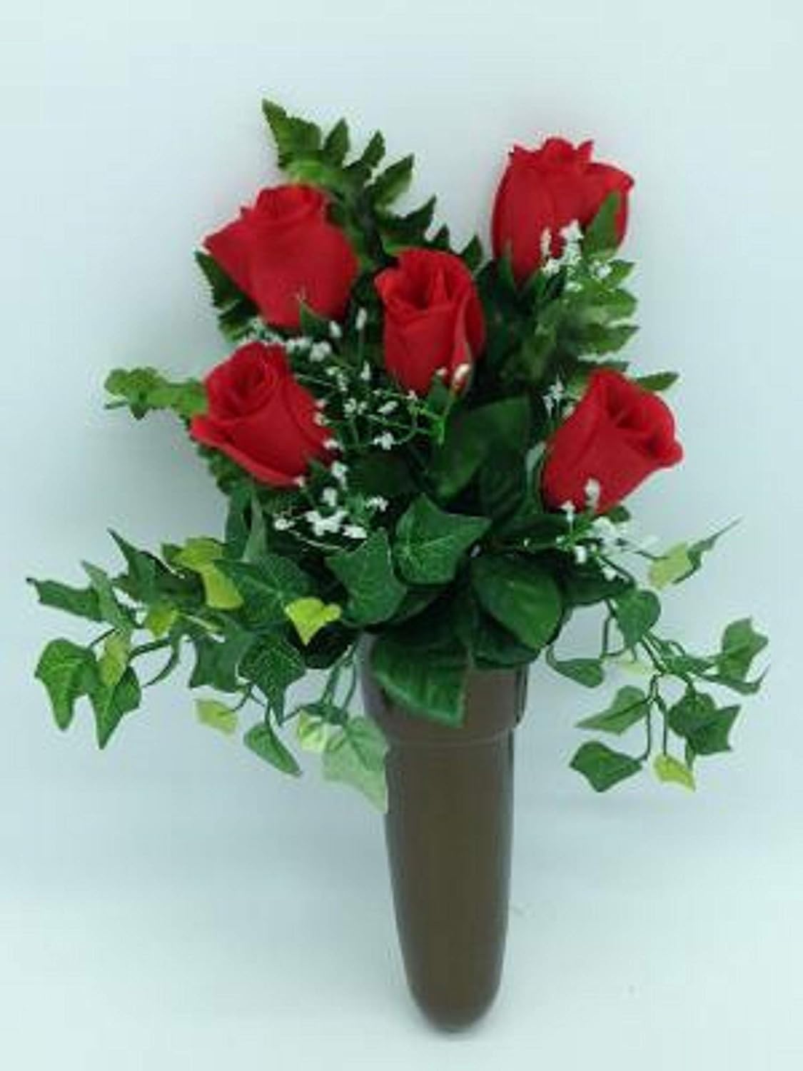Silk Red Rose Flowers and Crypt Mausoleum Vase with Disc Base Button for Epoxy