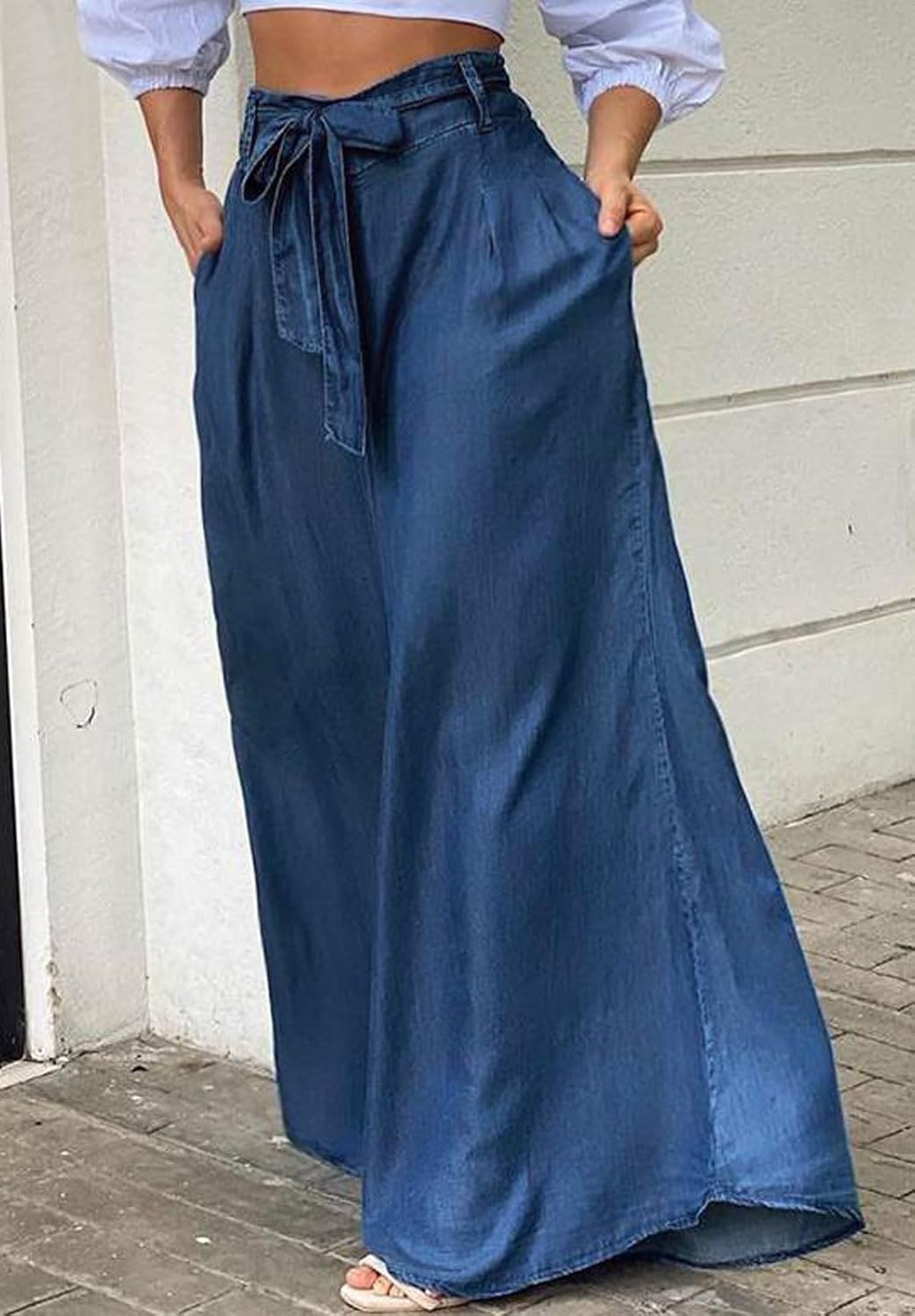loveimgs Women's Tie Front High Waist Denim Pants Pleated Flowy Wide Leg Jean Pants Trousers with Pockets - Image 3