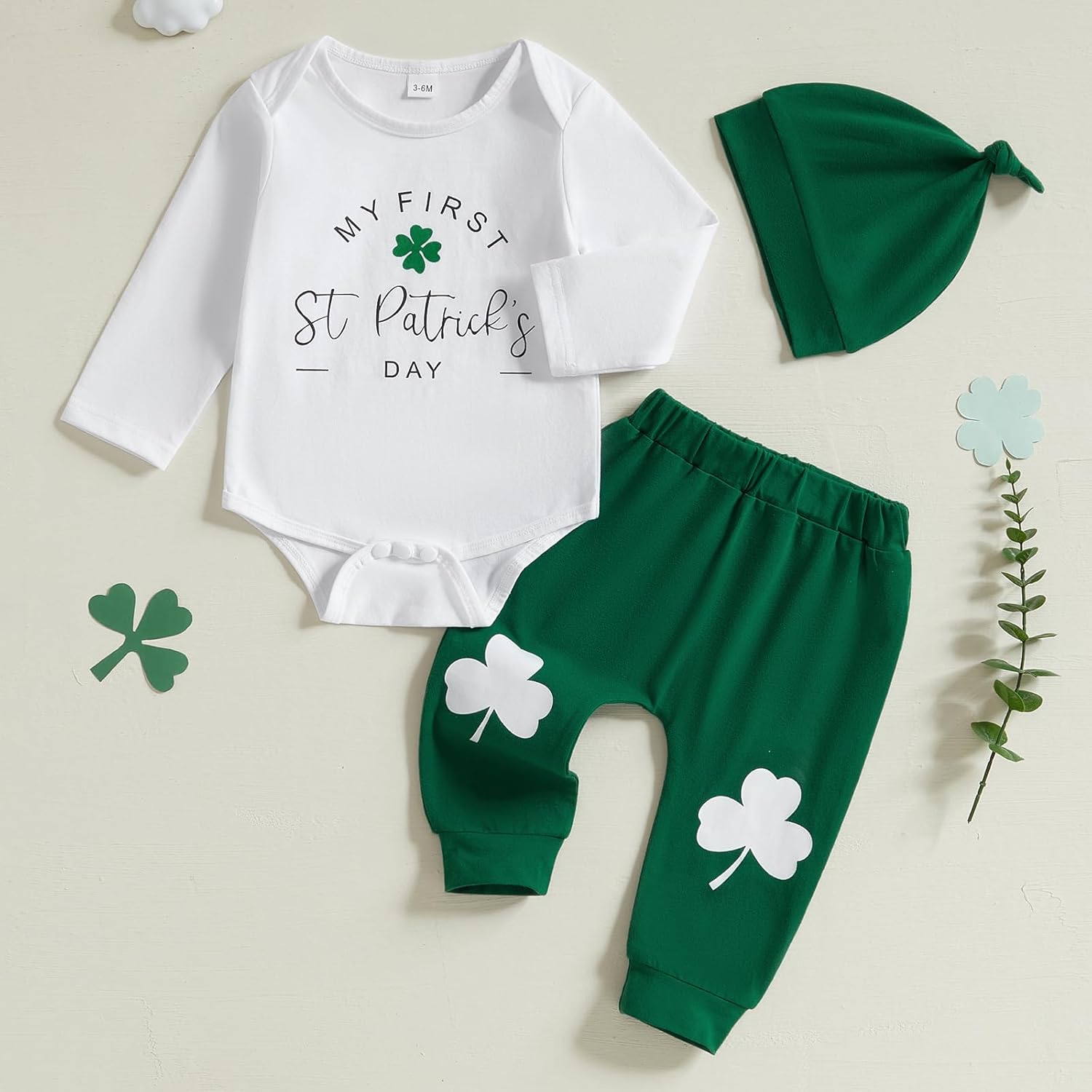 Karuedoo My First St Patricks Day Baby Boy Outfit Newborn Long Sleeve Letter Print Romper Top Long Pants with Hat 3Pcs Sets - Image 2