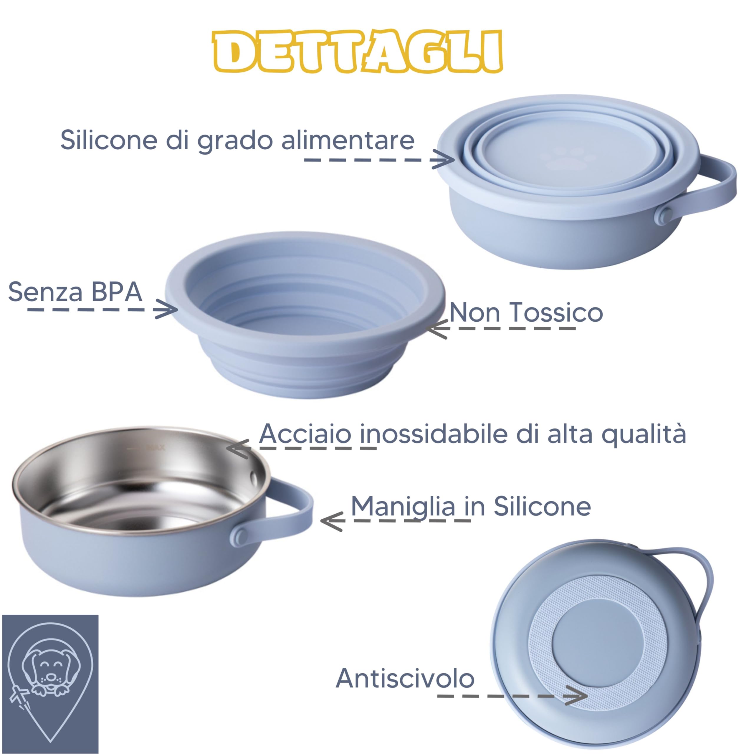 KPET Mangiatoia e abbeveratoio per cane e gatto pieghevole, 2 in 1 - Ciotola portatile in acciaio inox e ciotola pieghevole in silicone, ideale per auto, viaggi, escursionismo, con base antiscivolo e