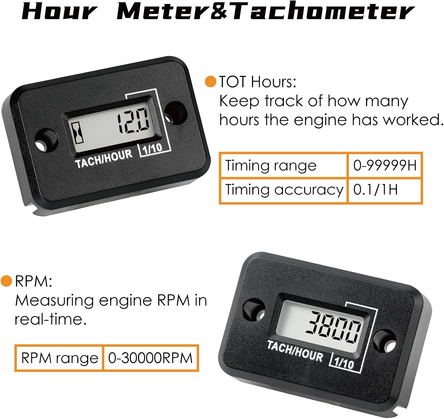 Nine-Rong Self-Powered Tach Hour Meter Digital LCD Inductive Tachometer Timing RPM Measuring Waterproof Design,for Gas Engine Lawn Mower Motorcycle Snowmobile Generator(2 Stroke)(Black)