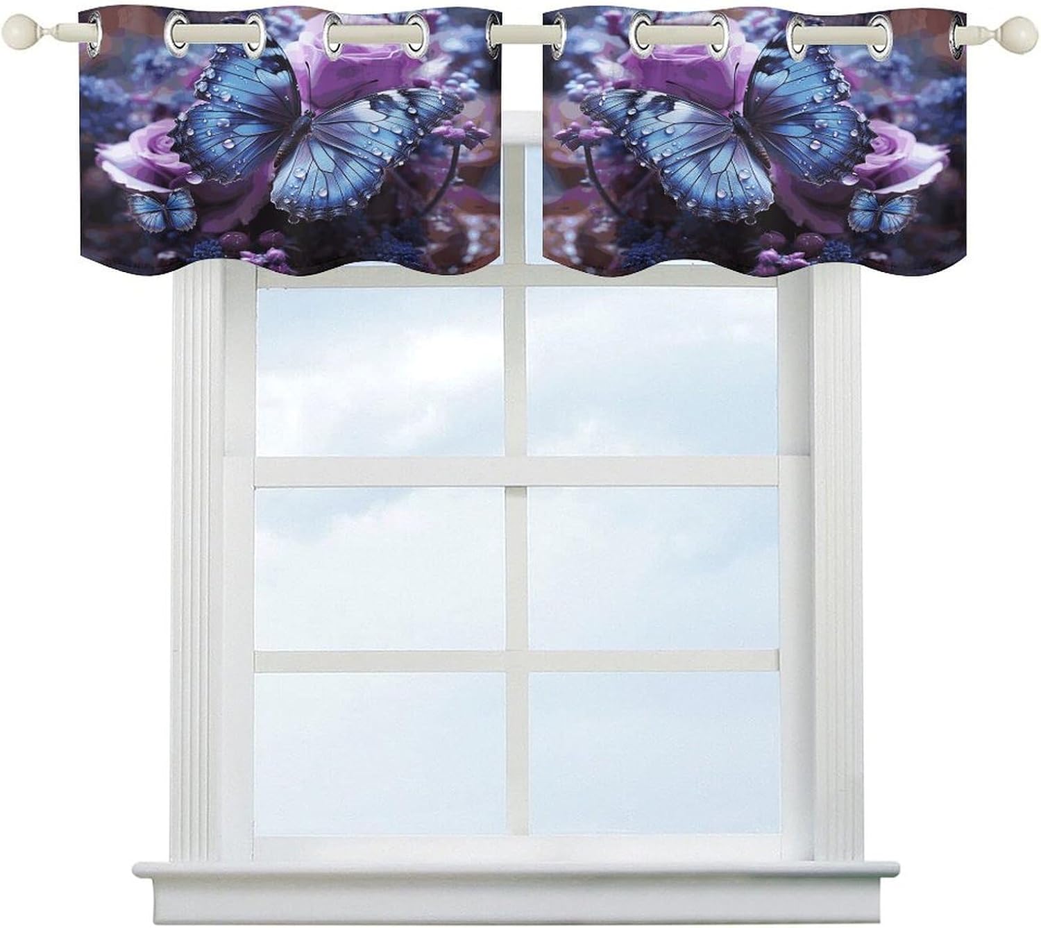 Purple Rose with Beautiful Butterfly on It 2 Pack Valance Curtains Window Treatments. Adjustable Curtain with Rod Pocket.Cafe Curtains is Half Curtains for Privacy Decorative 52x18.1 Inch.