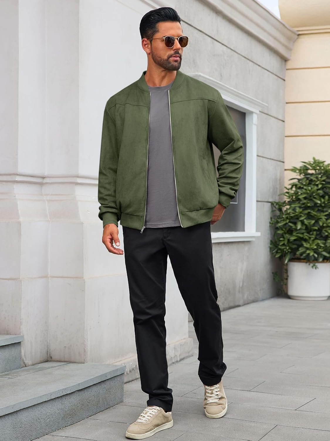 Runcati Mens Suede Bomber Jackets Full Zip Casual Softshell Varsity Jacket Lightweight Vintage Fall Coat with Pockets - Image 5