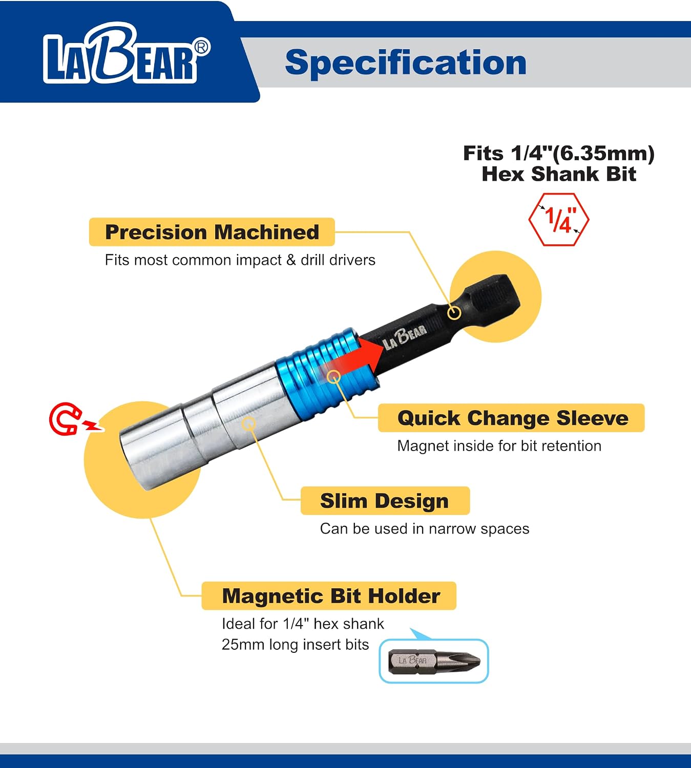 66L Magnetic Bit Holder, 1/4 Inch Impact Screwlock Extension | Shock absorbing torsion zone, slim reach, secure locking collar