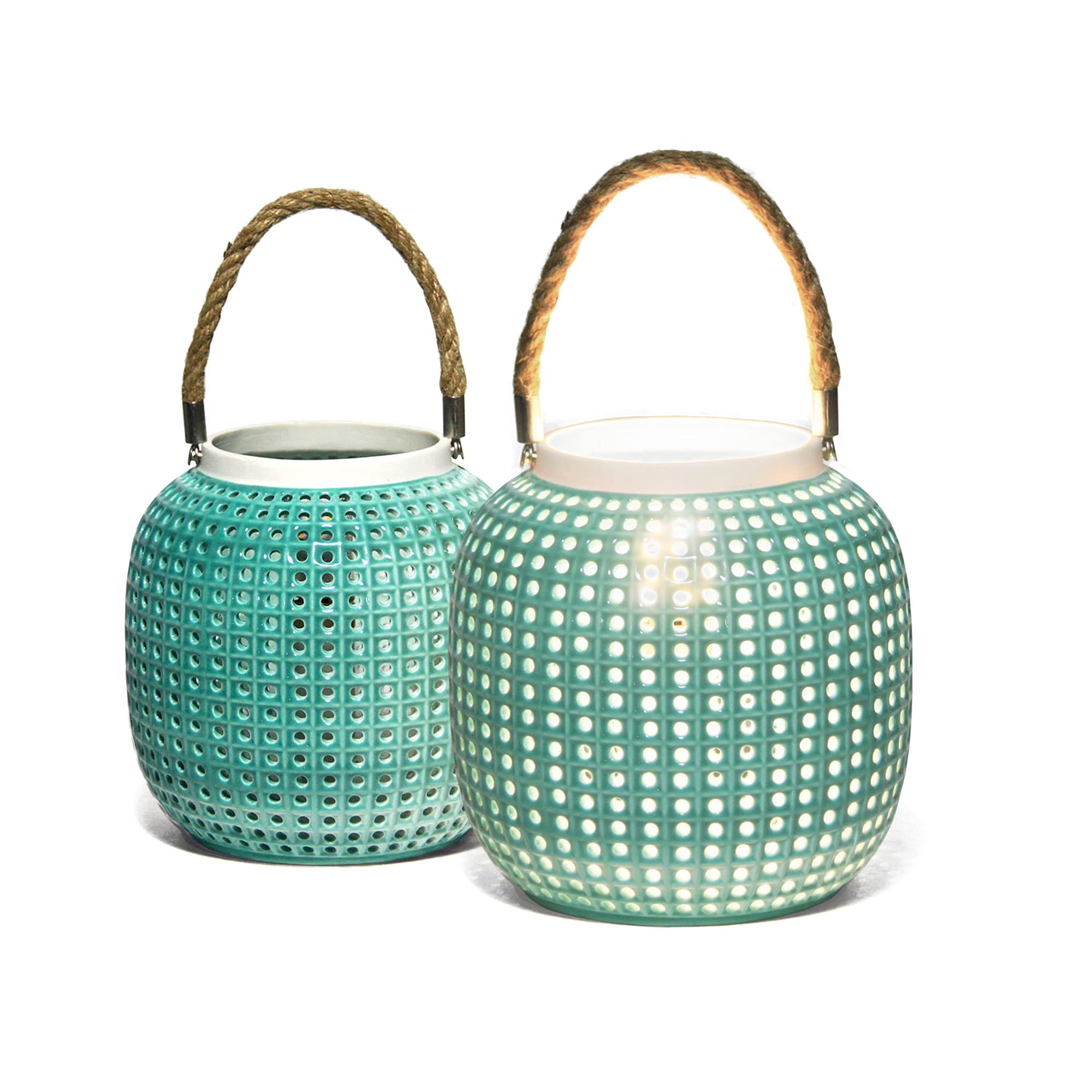 Welink Turquoise Light-Glow Porcelain Lantern Table Lamp – Handcrafted With Perforated Mini Squares And Hemp Rope Handle