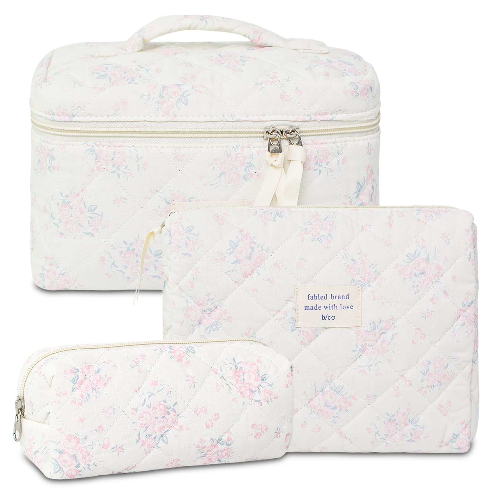 YRWE 3Pcs Quilted Makeup Bag Set, Cute Floral Cotton Cosmetic Bag, Coquette Bow Make up Bag Large Travel Toiletry Bag