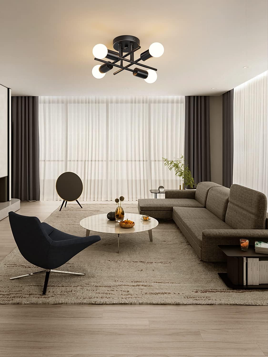 Tipace Semi Flush Mount Ceiling Light 4 Lights Black Close to Ceiling Light Modern Sputnik Chandelier Light Fixture Ceiling for Bedroom Kitchen Living Room Dining Room Home Office (Bulb Excluded)