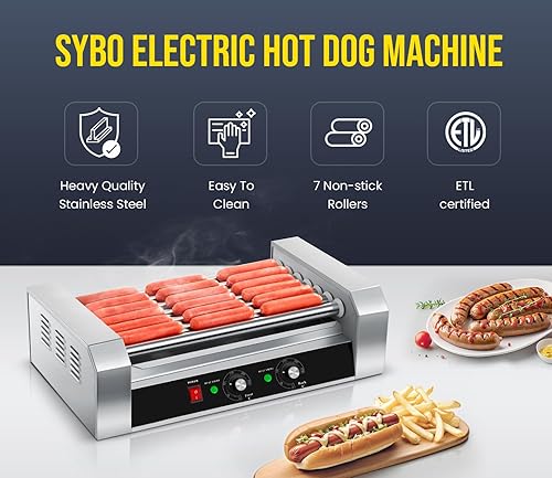 Miniatura 12 de SYBO Rodillo para perros calientes – 18 de capacidad, rodillos de acero inoxidable antiadherentes, cubierta de vidrio desmontable, 1000 vatios