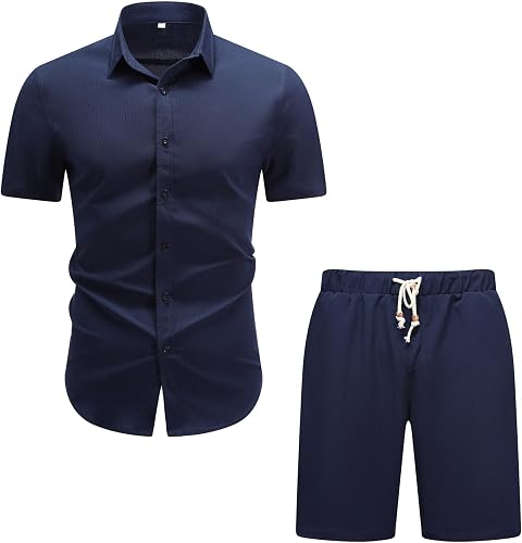 Allthemen Camisa Conjunto Manga Corta Hombre Color Liso Camiseta Botones Casual 
