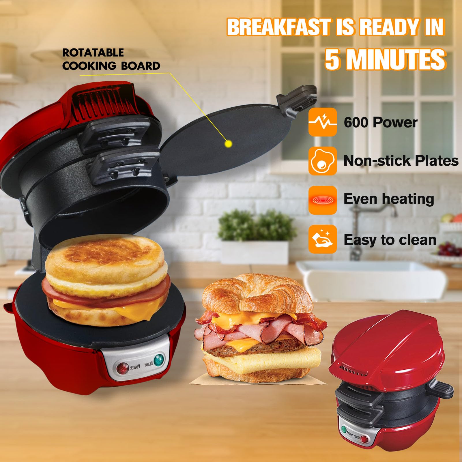 Appareils à Sandwiches, Grill Sandwich/Hamburger, Avec Compte à Rebours Numérique, Lave-vaisselle, Parfait Pour Les Hamburgers, Collations, Petit-déjeuner Rapide (Rouge)