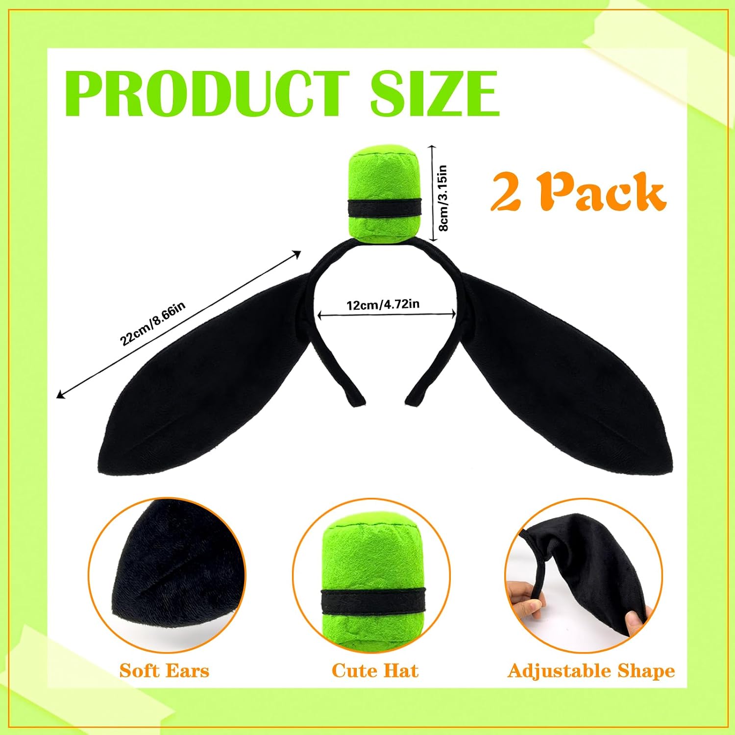 2 Pack Dog Long Ears Headband Black Floppy Dog Ears Headband with Green Hat Cartoon Character Costume Hat for Halloween Costume Cosplay Party Dress up