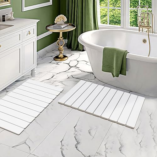 Paquete de 2 tapetes de baño plegables de piedra, alfombra de baño de tierra de diatomeas súper absorbente, tapete de ducha antideslizante, alfombra