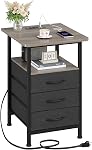 GYIIYUO Night Stand Set 2 with 19'' Large Tabletop, 3 Fabric Drawer and Fast Charging Station, Bedside Table with Spacious Storage, Side End Tables with USB Ports and Outlets, Bedroom, Rustic Brown