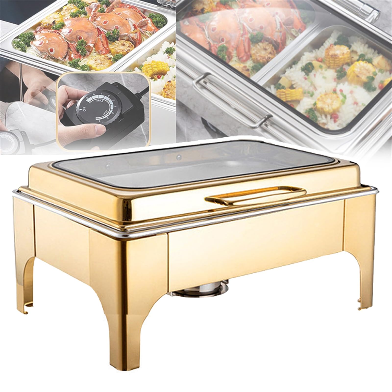 Set di scaldavivande elettrico con temperatura regolabile, coperchio in vetro rimovibile, facile da pulire, efficiente dal punto di vista energetico, perfetto per buffet ed eventi di catering
