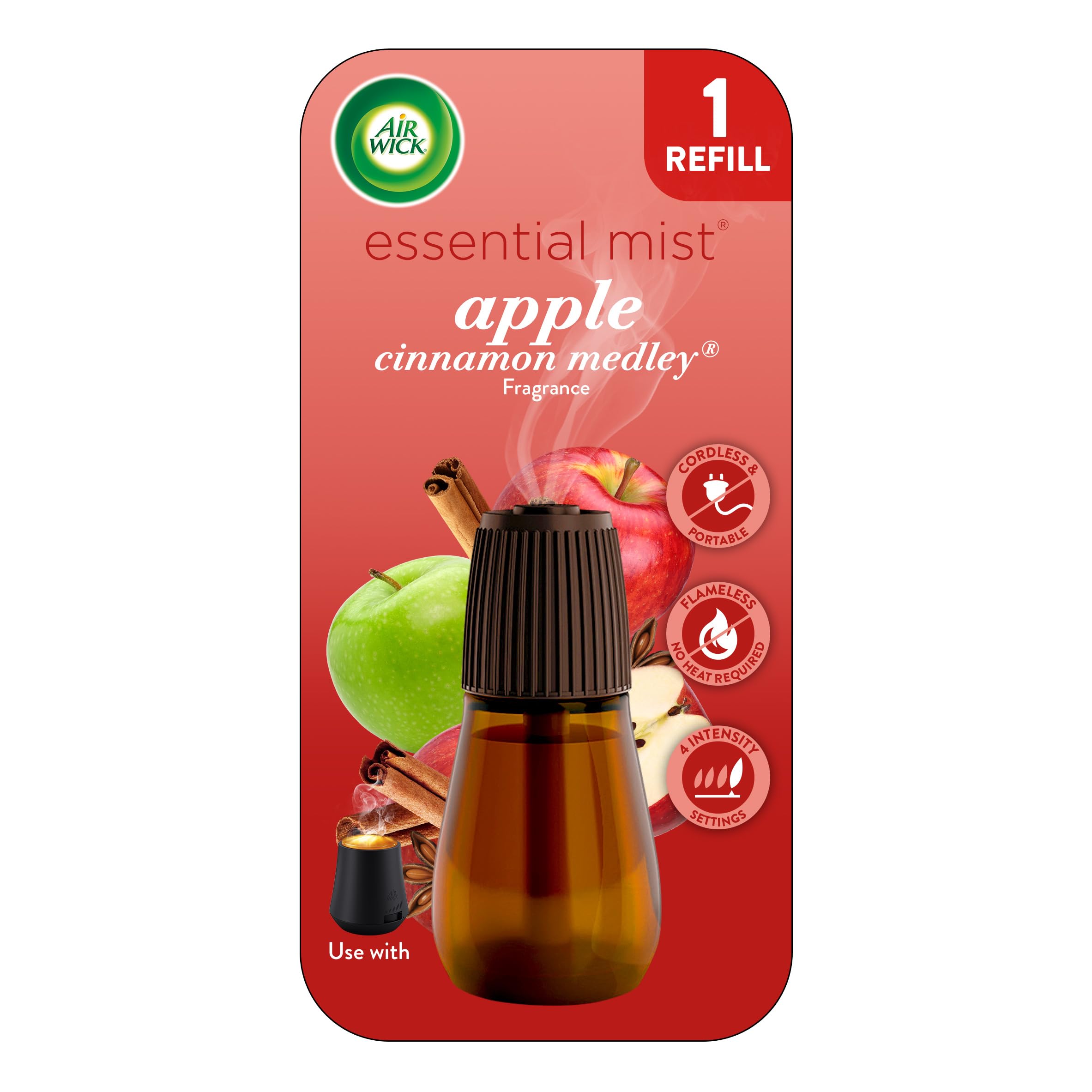 air wick essential mist, essential oil diffuser plastic refill, apple cinnamon medley, holiday scent, holiday spray, air freshener