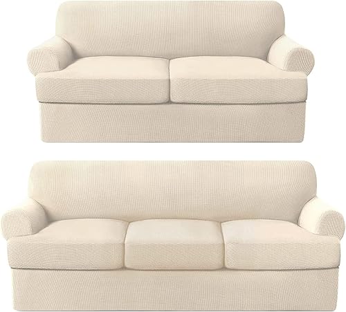Juego de fundas de sofá con cojín en forma de T de 3/4 piezas, protector de muebles, patrón a cuadros, extraíbles y lavables, color natural