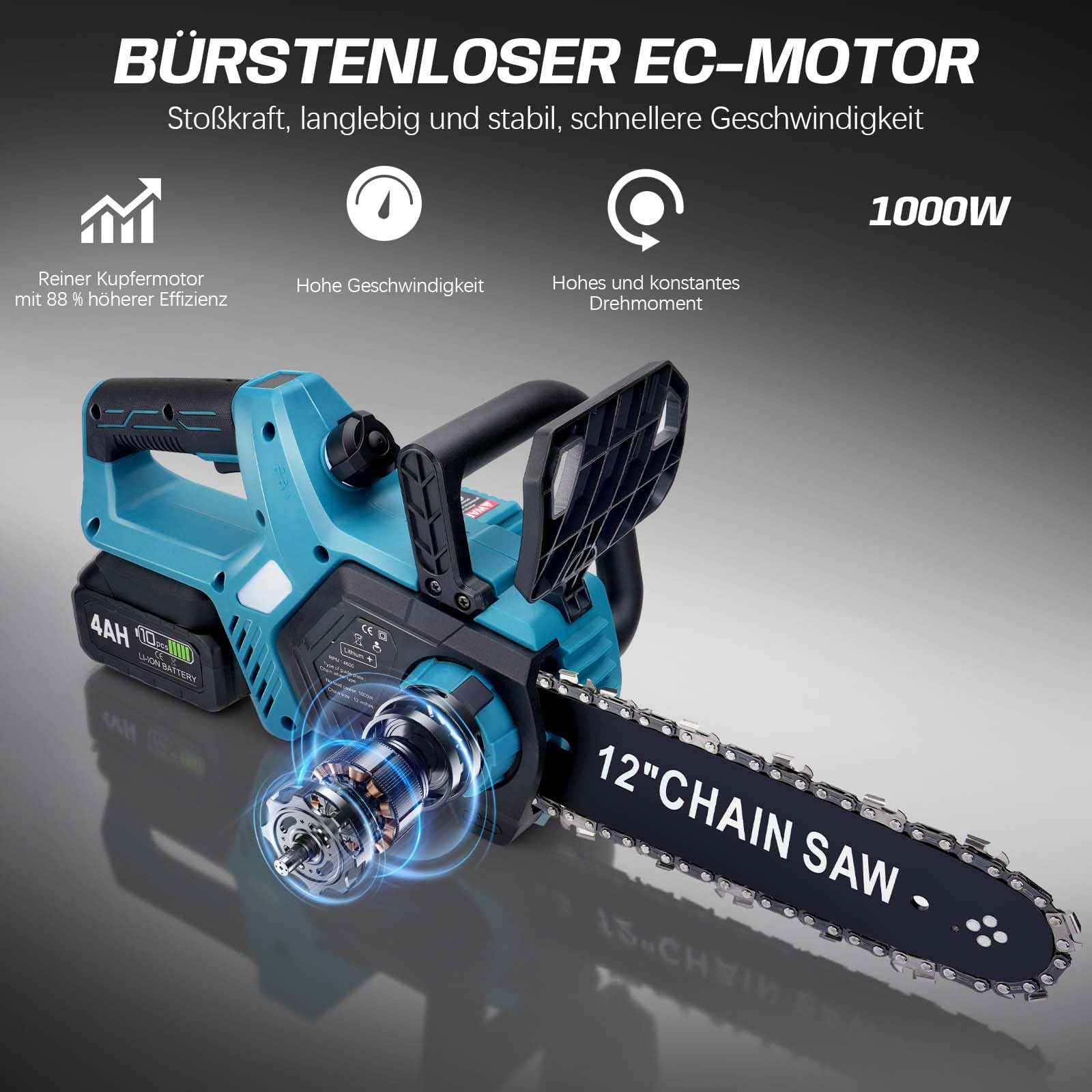 Akku Kettensäge 12 Zoll, Elektro Kettensäge kompatibel mit Makita 18V Akku | 1000W Bürstenloser Motor | Automatische Kettenschmierung | Werkzeuglose Kettenspannung | 30cm Schwertlänge (ohne Akku)
