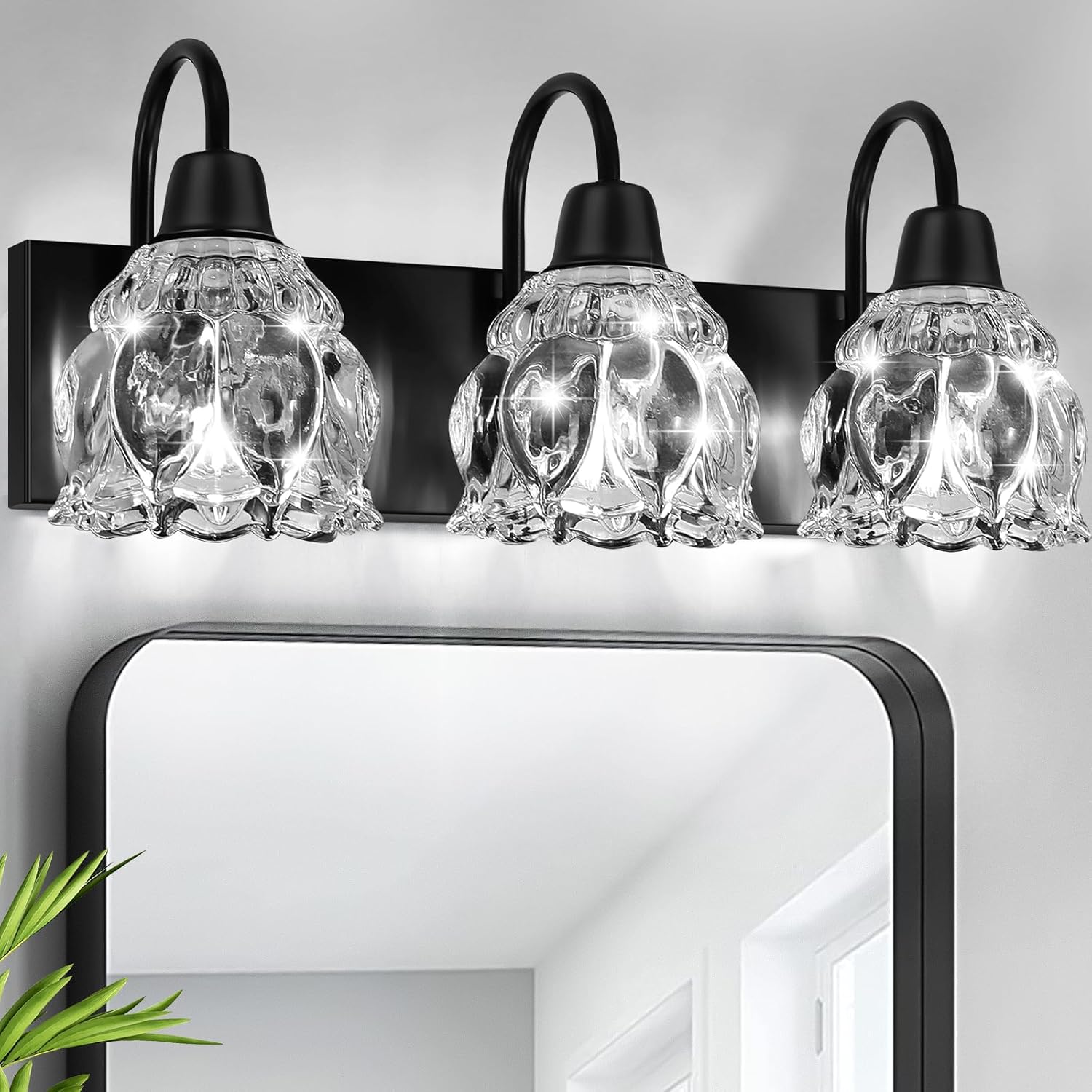 3-Light Bathroom Light Fixtures, Black Modern Bathroom Vanity Lights with Flower Glass Shade, Bathroom Wall Lamp for Mirror Bedroom Kitchen Living Room Hallway Cabinet Porch, E12 Bulbs Needed