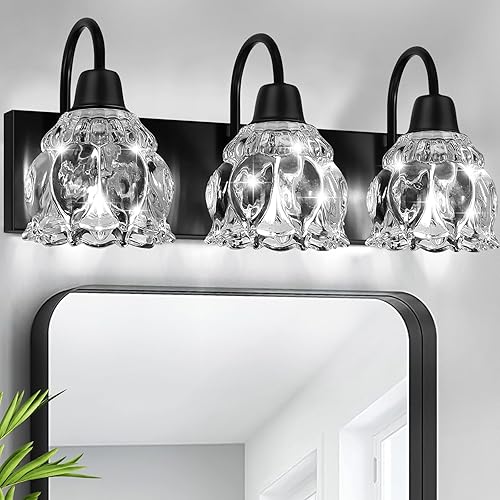 Lámparas de baño de 3 luces, modernas luces de tocador de baño negras con pantalla de cristal de flores, lámpara de pared de baño para espejo,