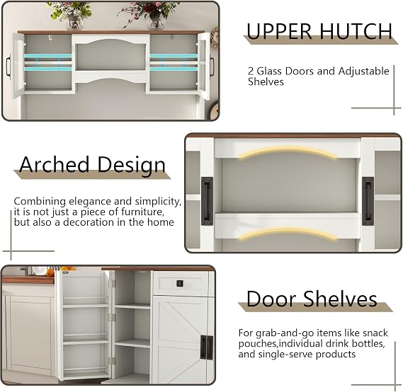 Loomie 60 Tall Farmhouse Pantry Cabinet, Kitchen Hutch with 2 Drawers, Kitchen Pantry Storage Cabinet with Adjustable Shelf and Microwave Stand, Food Pantry Cabinet for Living Room, Kitchen (White)