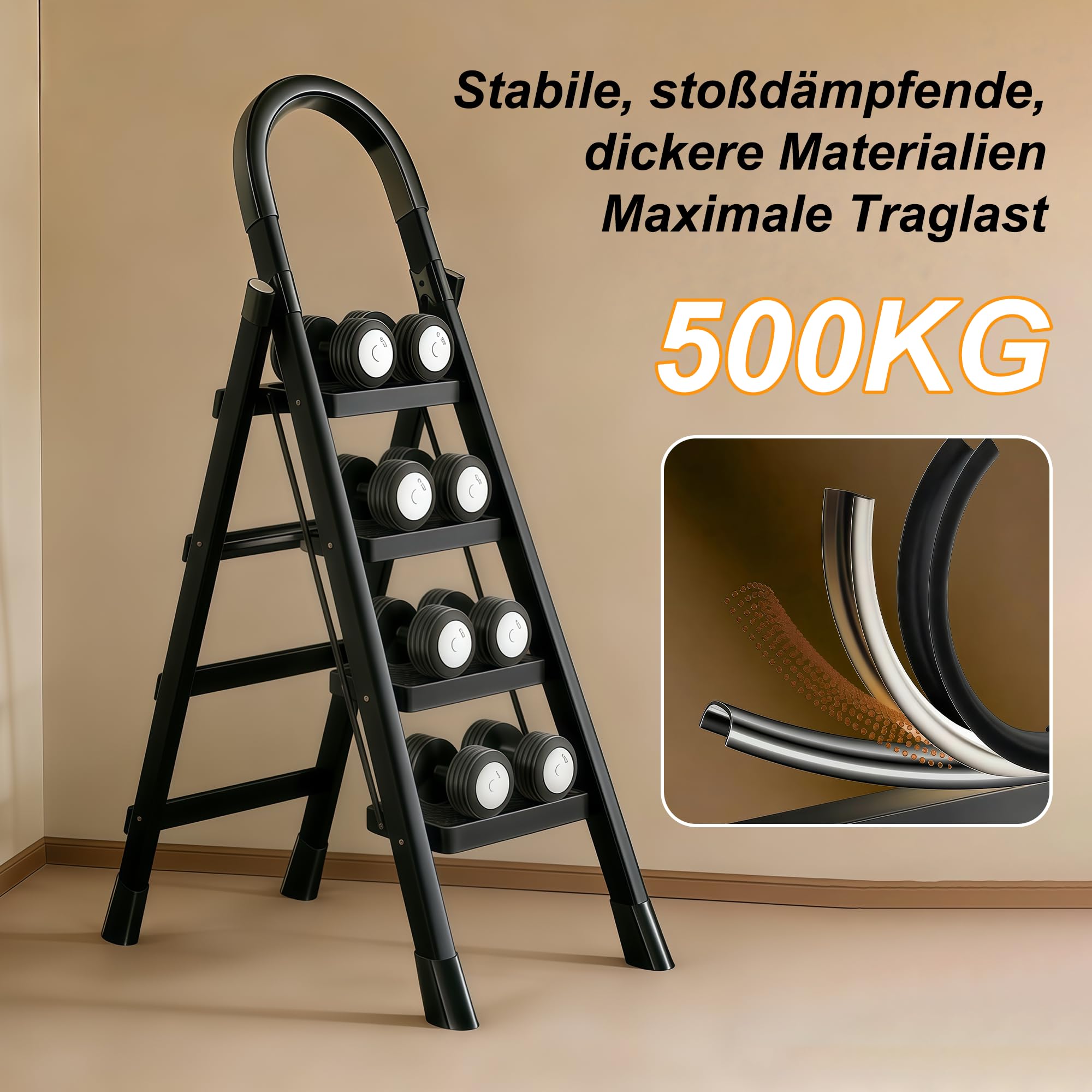 Scala Scaletta 5 Gradini in Acciaio Al Carbonio,Scala 5 Gradini con di blocco di sicurezza,Scaletta Pieghevole Ampia pedana antiscivolo,per Scaletta Cucina Portata 150 kg,Bianco e NeroNero