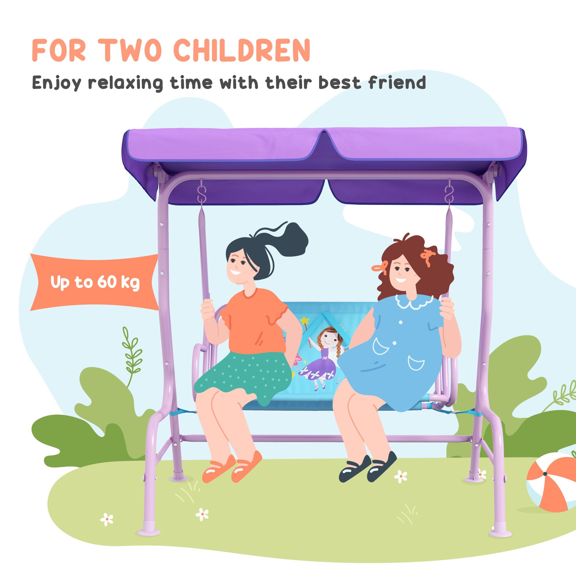 Outsunny Balançoire 2 places pour enfants avec auvent réglable, banc de jardin double sur le thème des fées avec ceintures de sécurité pour patio, parc, porche, pour enfants de 3 à 6 ans, couleur