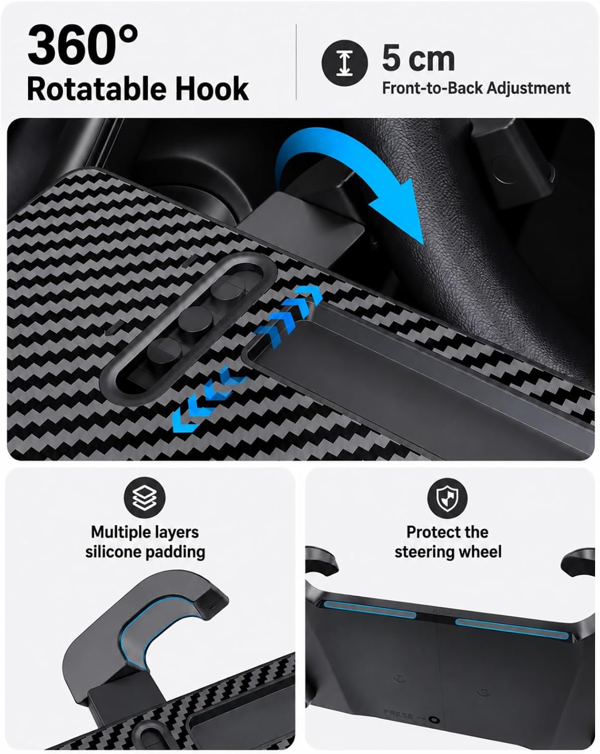 2-in-1 Car Steering Wheel Desk Tray & Seat Gap Filler Organizer, Foldable Car Laptop Table with Adjustable Hooks, Fits Most Steering Wheels, Carbon Fiber Look