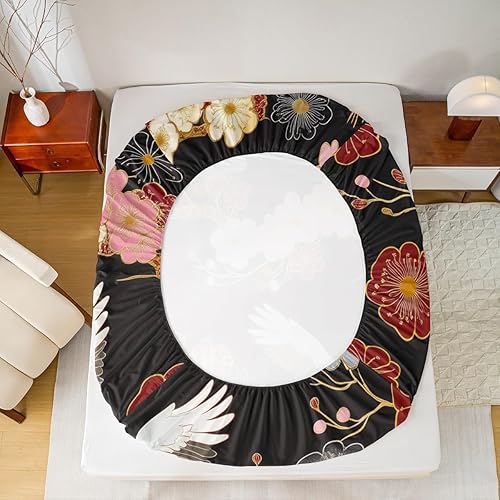 Miniatura 6 de Erosebridal Juego de sábanas japonesas Ukiyoe de flor de cerezo, tamaño Queen, diseño de pájaro de grulla blanca, sábana bajera ajustable con