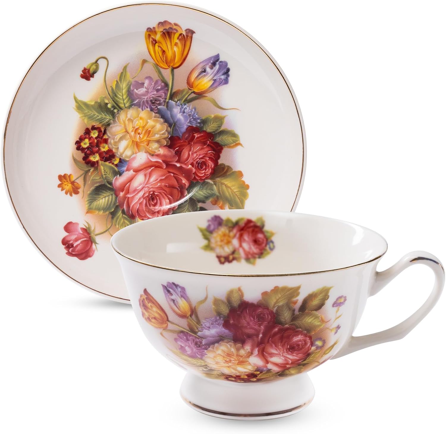 Tea Cups and Saucers, 10 OZ Bone Vintage Porcelain Coffee Cup for Cappuccino Latte, European Flower Tea Gift Set for Adult Women Afternoon Tea Party Supply Mother's day Women Gift
