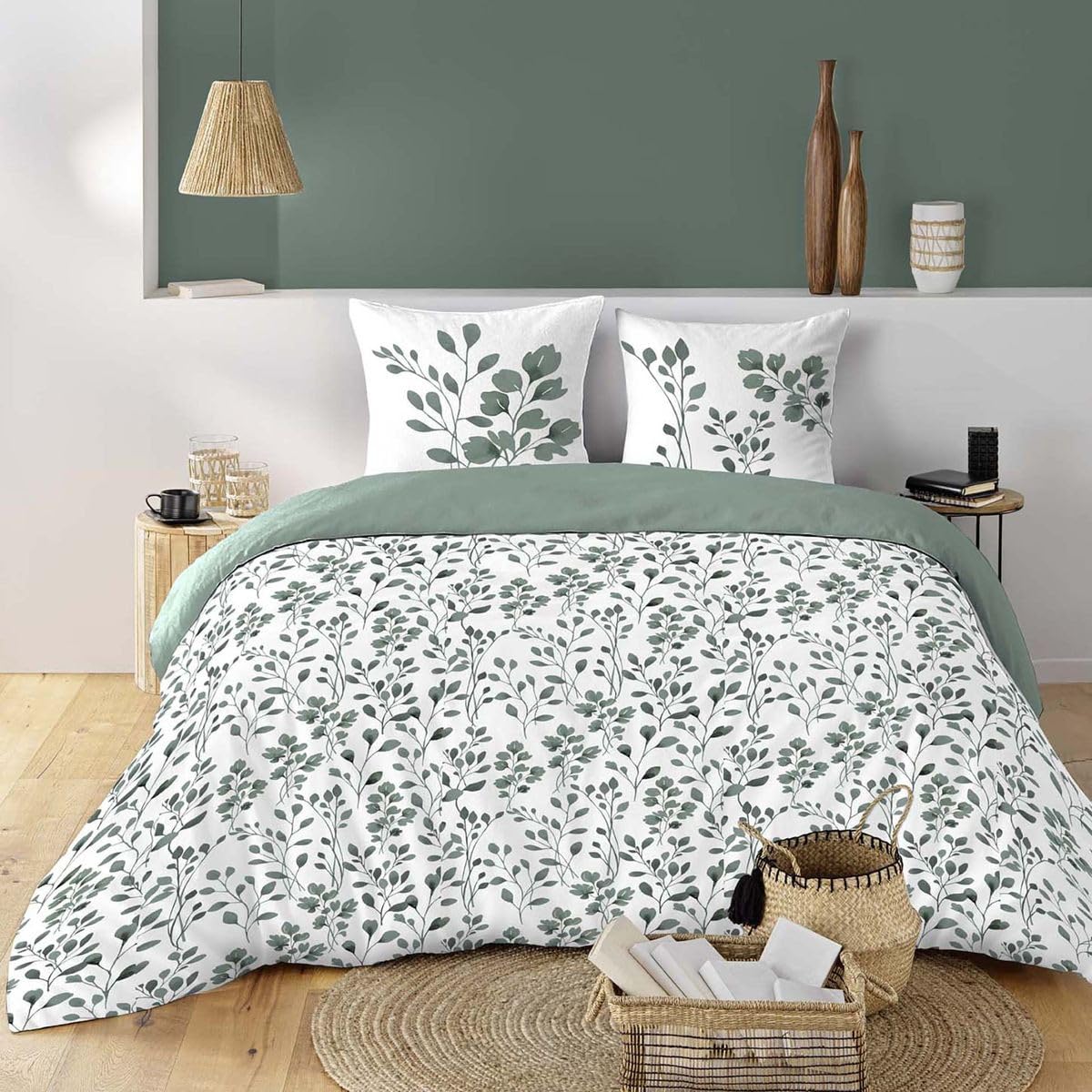 Douceur d'Intérieur, Maiwen Sage 3-Piece Bedding Set (240 x 220 cm) 100% Cotton
