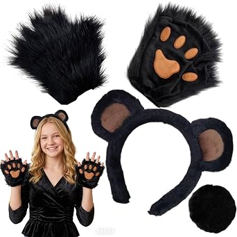 Bear Ears, Tail and Fur Paws Costume for Halloween Party Accessories Adult
