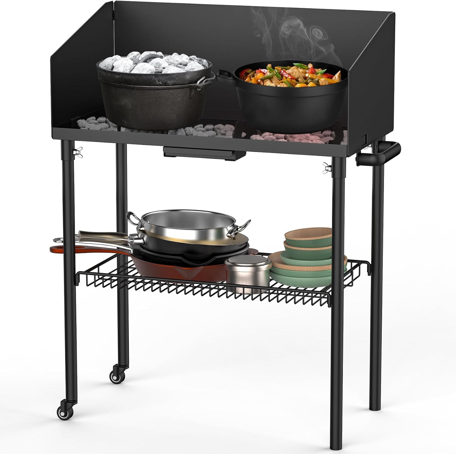 onlyfire Outdoor Camp Cooking Table for Dutch Ovens and Food Preparation, Collapsible Grill Table Camping Kitchen Station with Side Windscreen & Storage Basket for Backyard BBQ Picnic RV