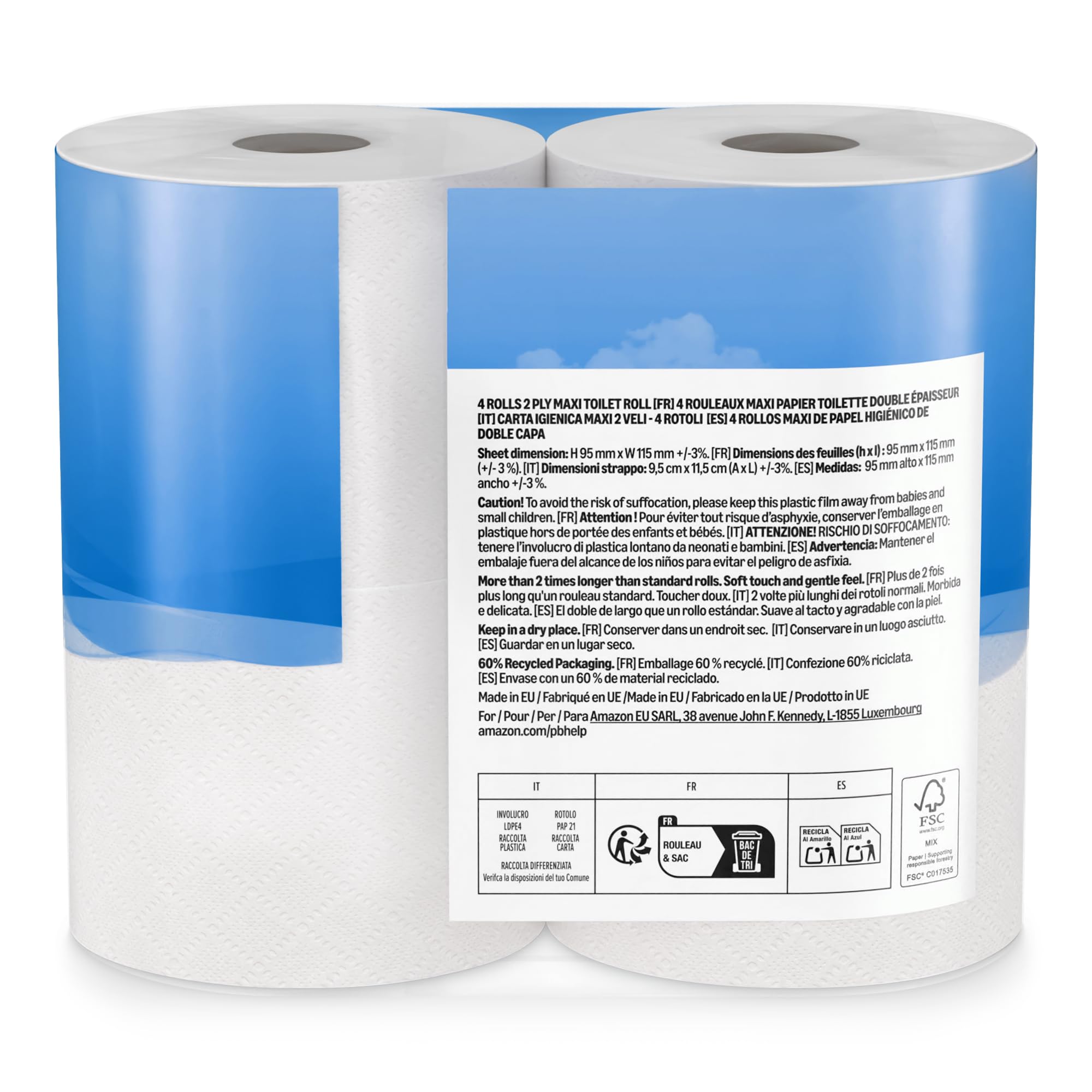 by Amazon Papel higiénico (Maxi Roll), acolchado de 2 capas, suave y delicado, 4 rollos (1 paquete de 4), 500 desgarros por rollo, certificado FSC