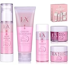 LXSKN Skin Care Set - 5 Step Skincare with Cleanser, Face Scrub, Clay Mask,Toner & Acne Treatment for Teens and Adults