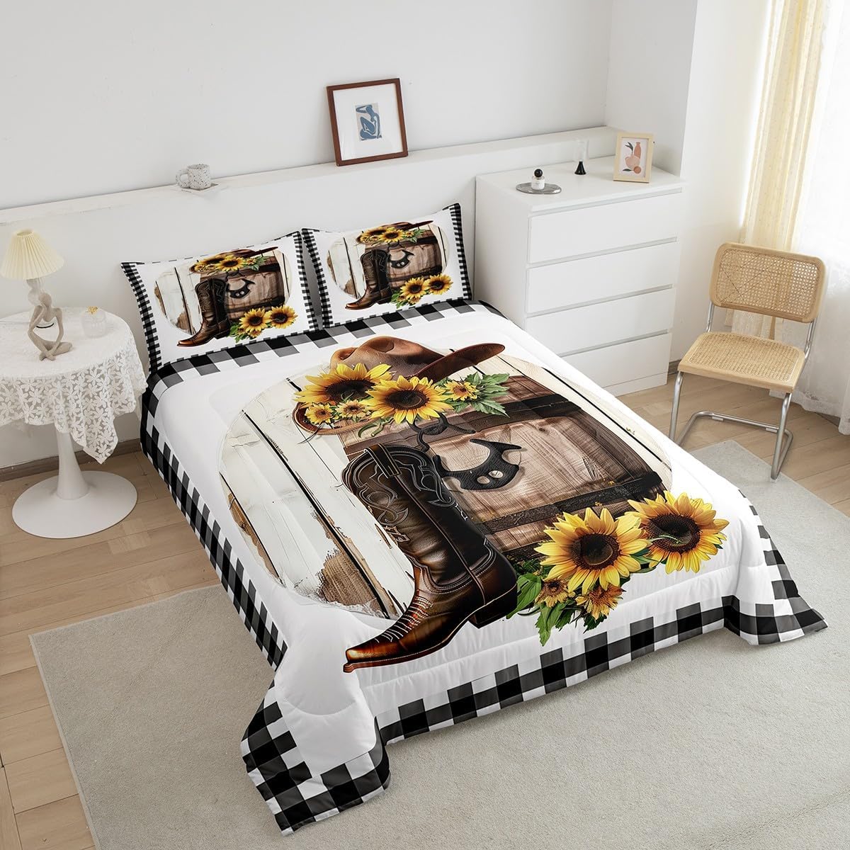 Feelyou Kids Wild Cowboy Bedding Set Queen Size, Western Comforter Set Boys Girls Rodeo Cowboy Style Comforter Sunflower Teens Duvet Set Bedroom Decor with 2 Pillow Case - Image 3