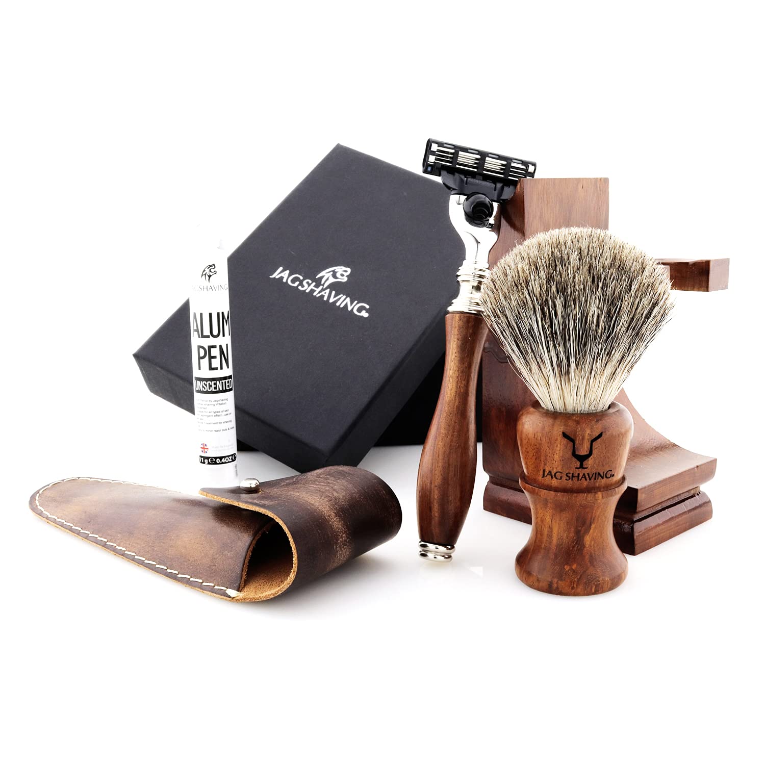 Jag Shaving zestaw do golenia – zrównoważony 4-częściowy zestaw do golenia z drewna – super pędzel do golenia – 3 ostrza do golenia – stojak do golenia – torba skórzana do golenia