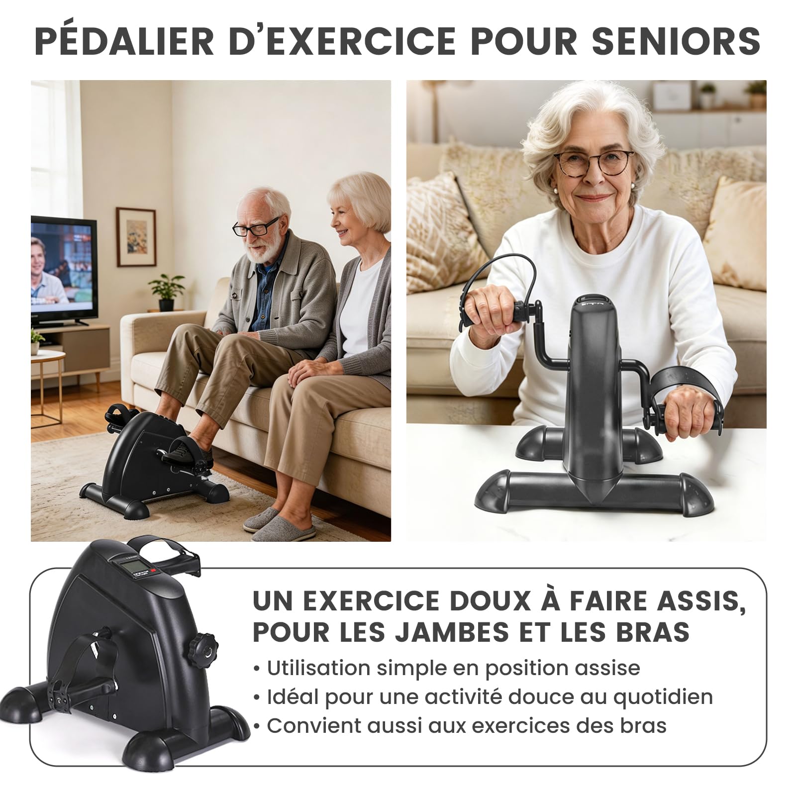 Pédales statiques pour personnes âgées, pour exercice de rééducation des jambes et des bras, pédalier compact, portable et facile à monter et à utiliser, mini vélo pour exercices (noir)