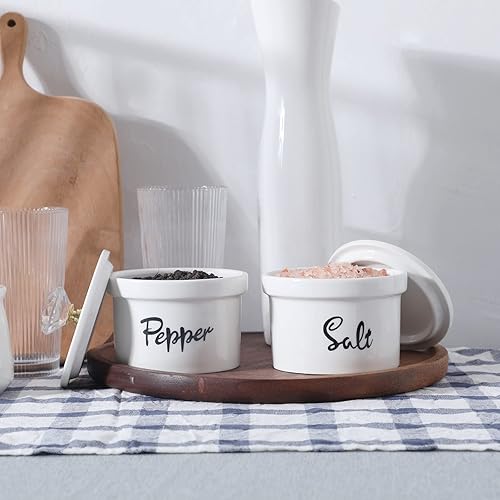 Miniatura 6 de Cuencos de sal y pimienta con tapa de cristal recipiente de cerámica de sal de 125 onzas para encimera decoración de cocina de granja juego de 2