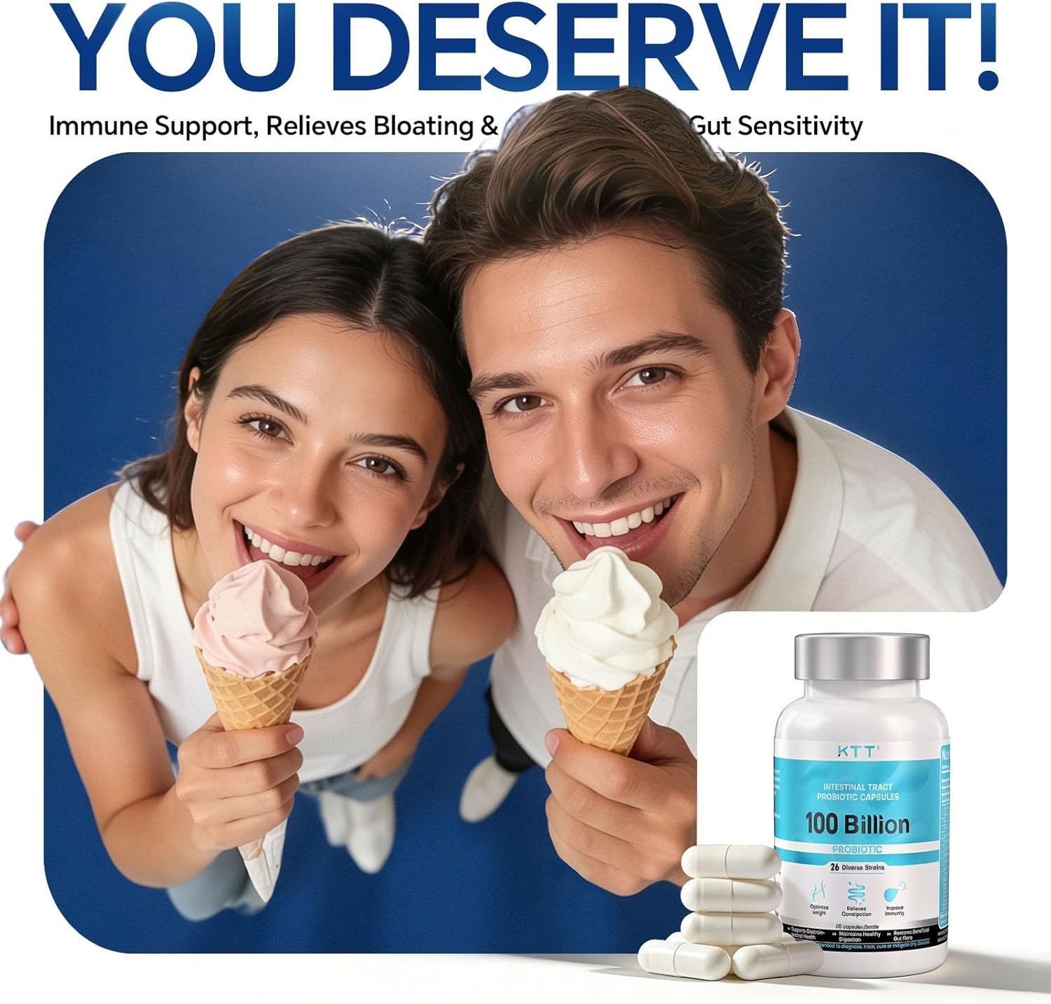 KTT Advanced Probiotics for Bloating Relief – 100 Billion CFU, 26 Strains with Prebiotics, Support Digestive Balance & Regularity, 60 Capsules