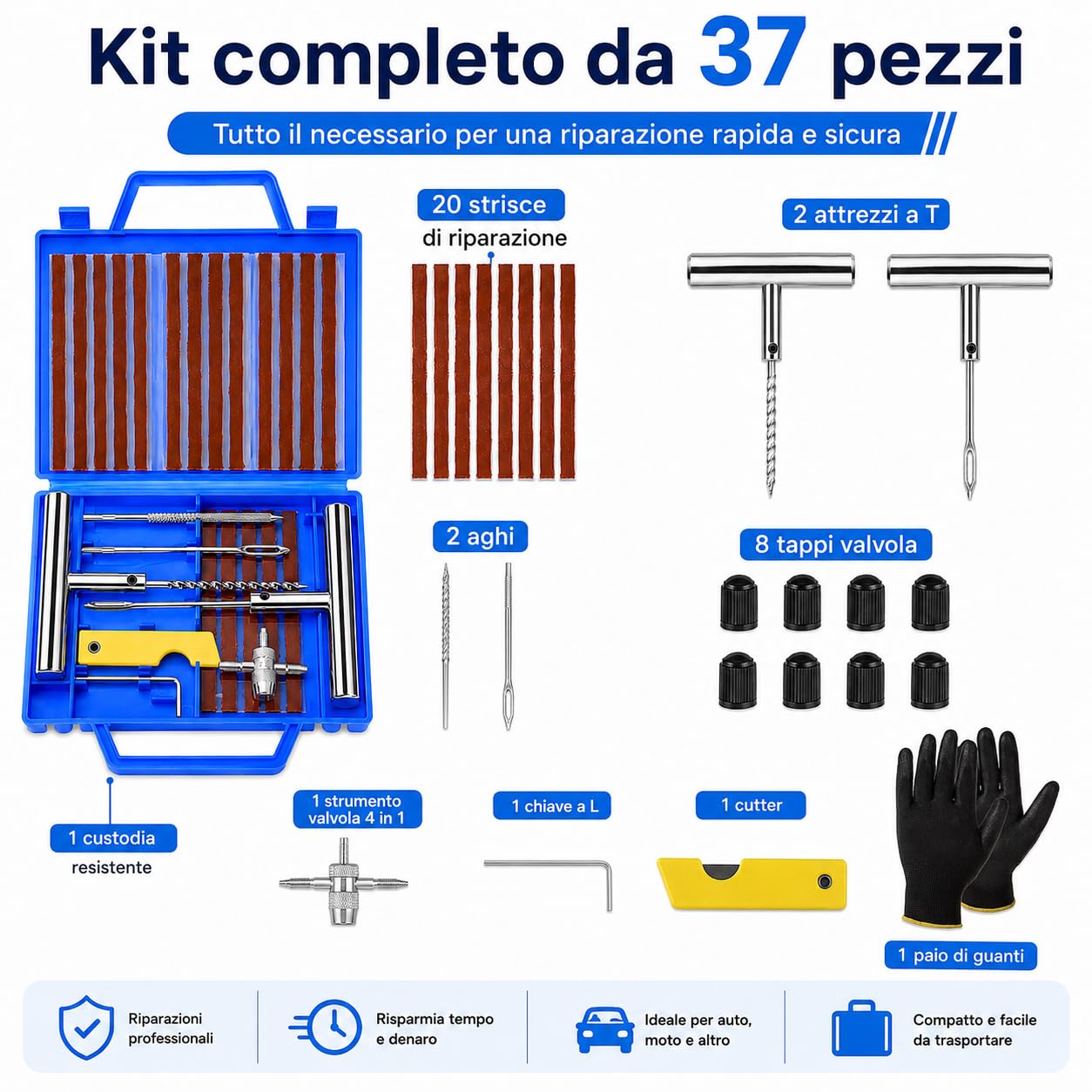 Kit Riparazione Pneumatici Tubeless 37 Pezzi Gomme Auto Moto Strisce Attrezzi Tappi Valvola