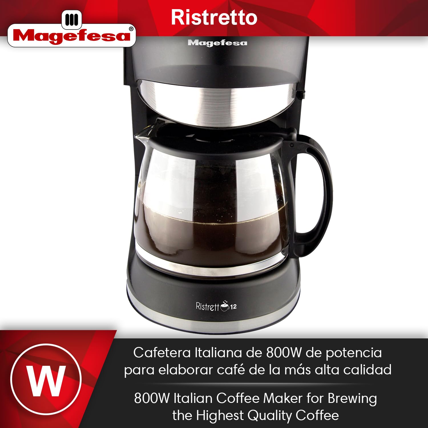 Magefesa Ristretto 1200 - Macchina da Caffè Elettrica 12 Tazze, 800W, Sistema Anti-goccia, Filtro Rimovibile, Indicatore Livello Acqua, Caffè, Bevanda Calda