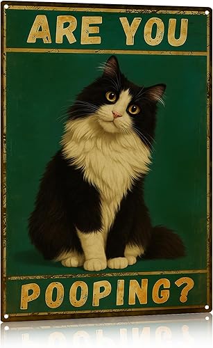 Divertido arte de pared de metal con diseño de gato negro, póster vintage de decoración de baño, decoración gótica retro para el hogar, baño,