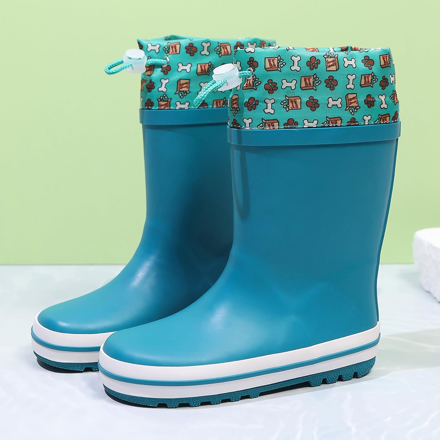 WTW Fleece Lined Todder Kids Rubber Rain Boots - Waterproof Warm Winter Outdoor Shoes for Girls Boys, Adjustable Drawstring, Non-Slip for Hiking and Adventures