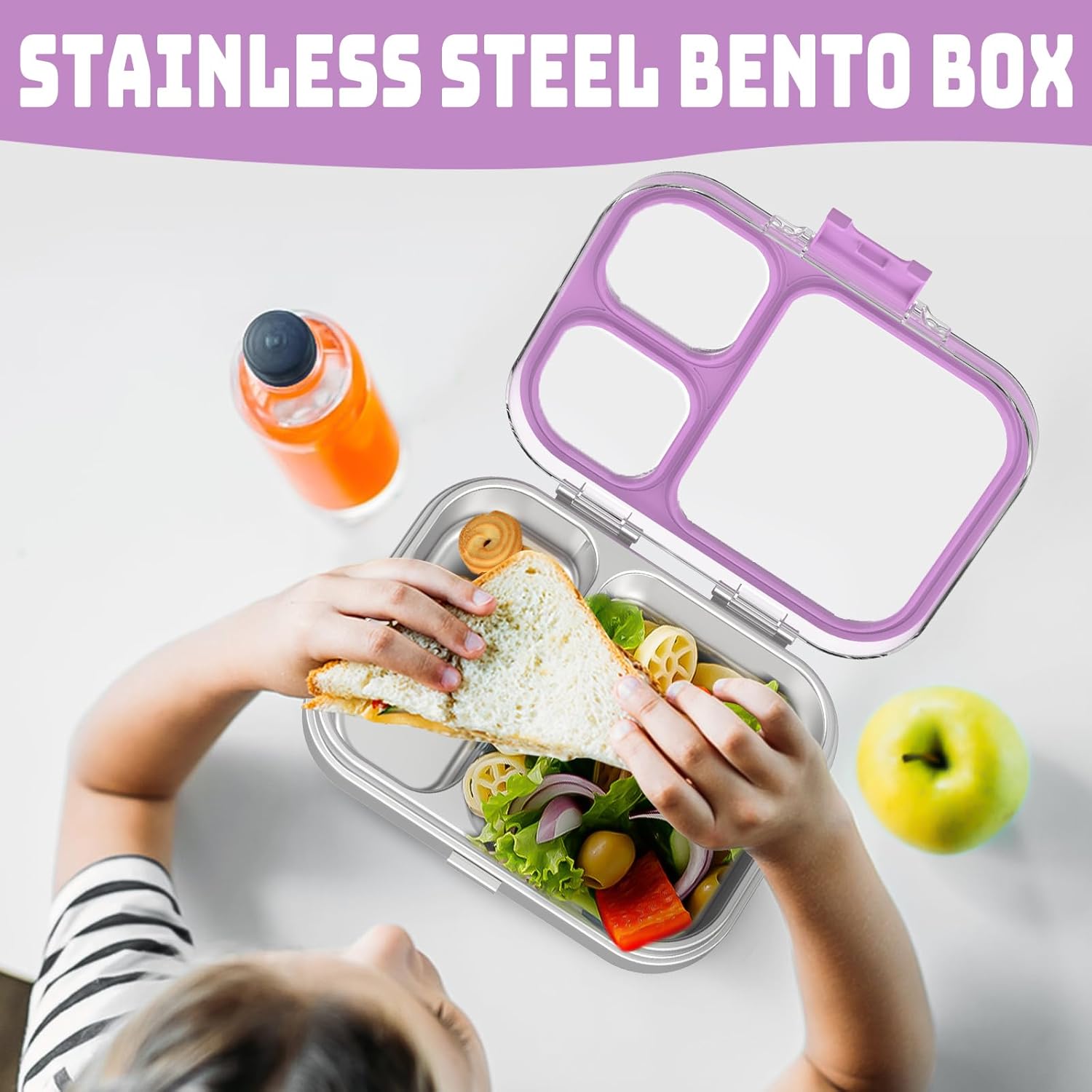 Kids Stainless Steel Lunch Bento Box BPA-Free Leak-Proof Tritan Lid 304 Metal Food Container with 3 Compartments for Girls Boys School Purple