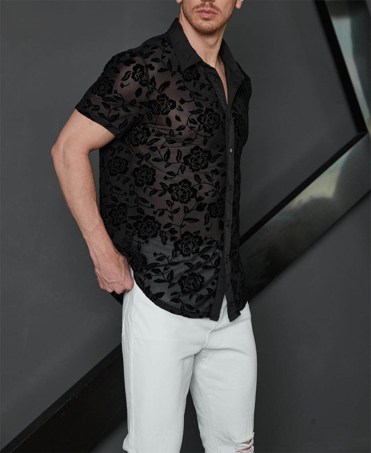 WDIRARA Men's Floral Sheer Mesh See Through Button Up Short Sleeve Collar Party Club Tops Shirt - Image 5