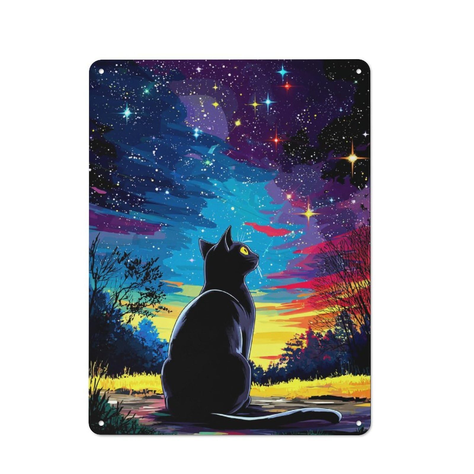 Junmoney Starry Night Cat Dreamscape -5 Tin Wall Plaque 40X30cm With For Home Bar Wall, For Kitchen And Home Bar Decor, For Home Office And Studio Walls
