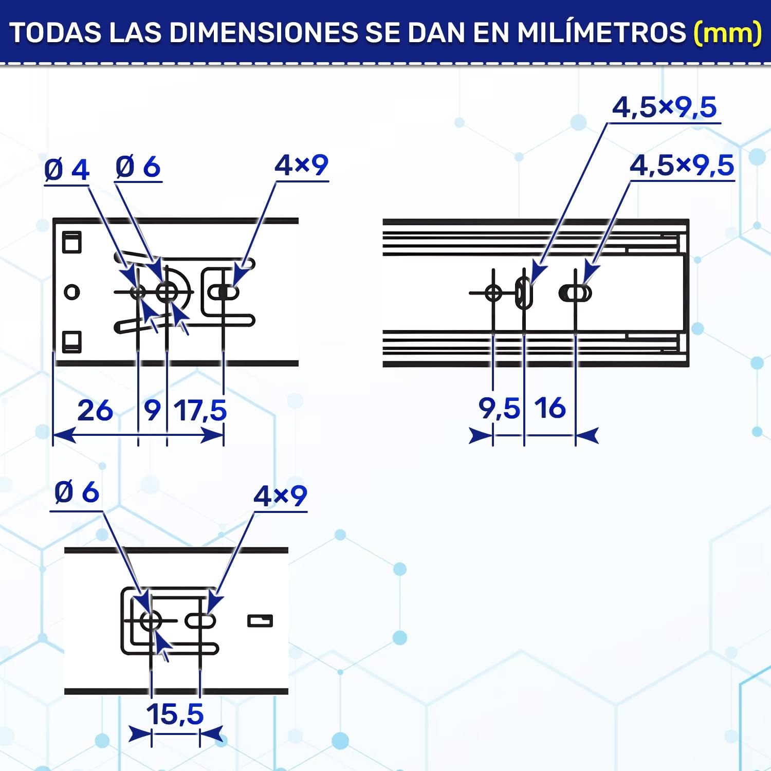 4 Pares Guias Correderas para Cajones con Rodamientos de Bolas 500x45 mm